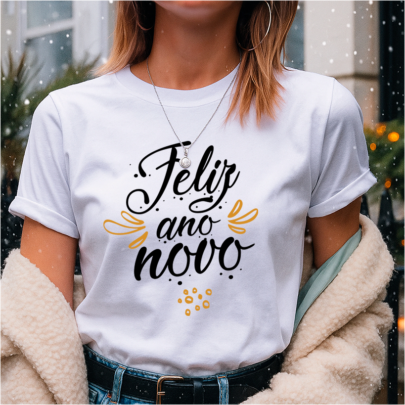 Camiseta para o Réveillon Unissex Estampa Feliz Ano Novo com Brilho V1 Comemoração da Virada do Ano