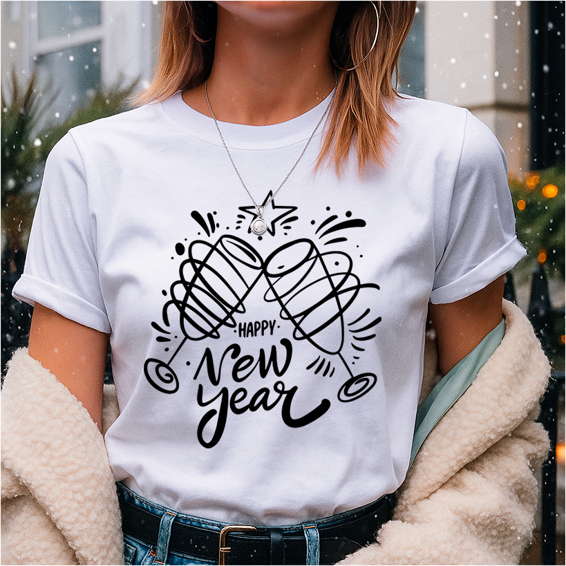 Camiseta para o Réveillon Unissex Estampa Happy New Year com Taças V2 Comemoração da Virada do Ano
