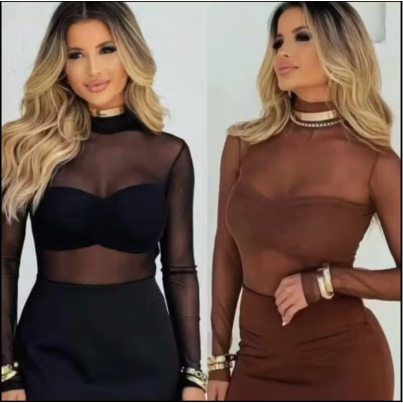 Body Tule Feminino Manga Longa Trasnparente Look Balada Festa