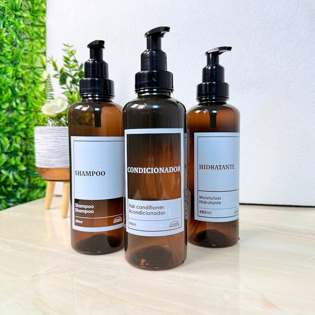 Kit 3 peças: Porta Hidratante com Pump, Porta Shampoo e Porta Condicionador 480 ML - Praticidade no dia a dia!