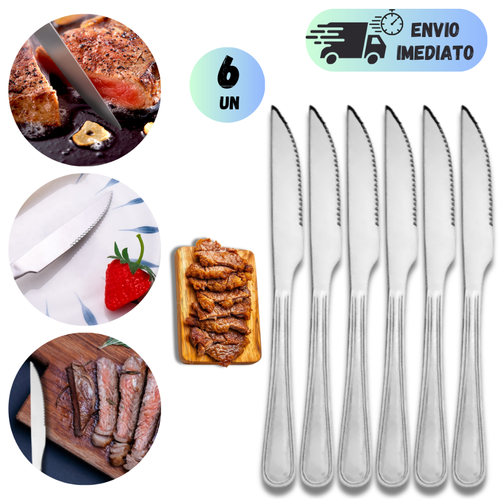 KIT 6 FACAS OU 12 DE COZINHA JOGO AÇO INOX FAQUEIRO LEME ALMOÇO JANTAR RESTAURANTE CHURRASCO