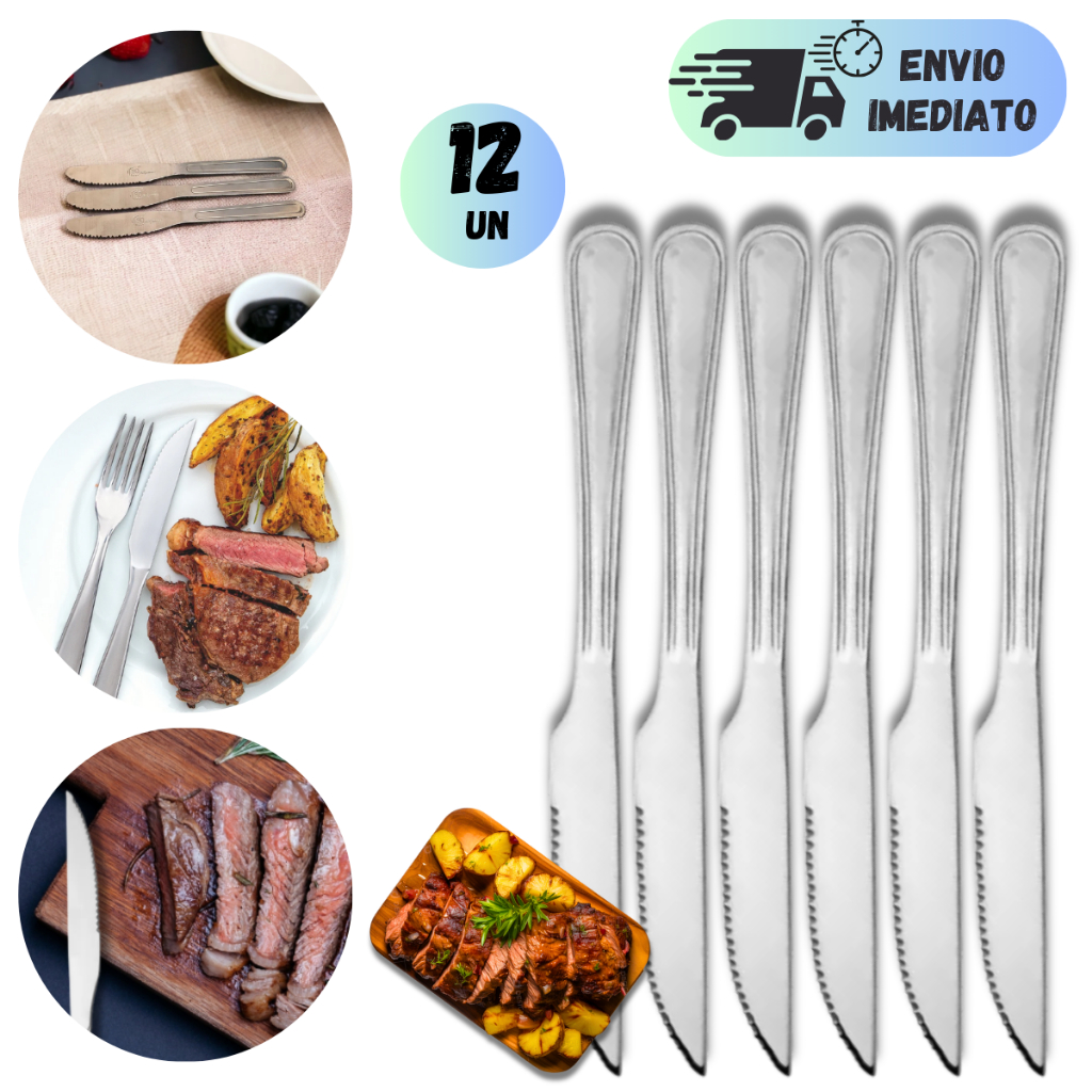 KIT 6 A 12 FACAS DE COZINHA JOGO DE AÇO INOX FAQUEIRO LEME ALMOÇO JANTAR CHURRASCO EVENTO