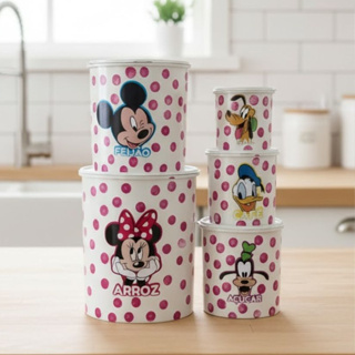 Kit 5 Pote Plástico Mantimento Hermético Organizadores de Cozinha Alimentos Redondo Mickey Minnie em Oferta na Shopee