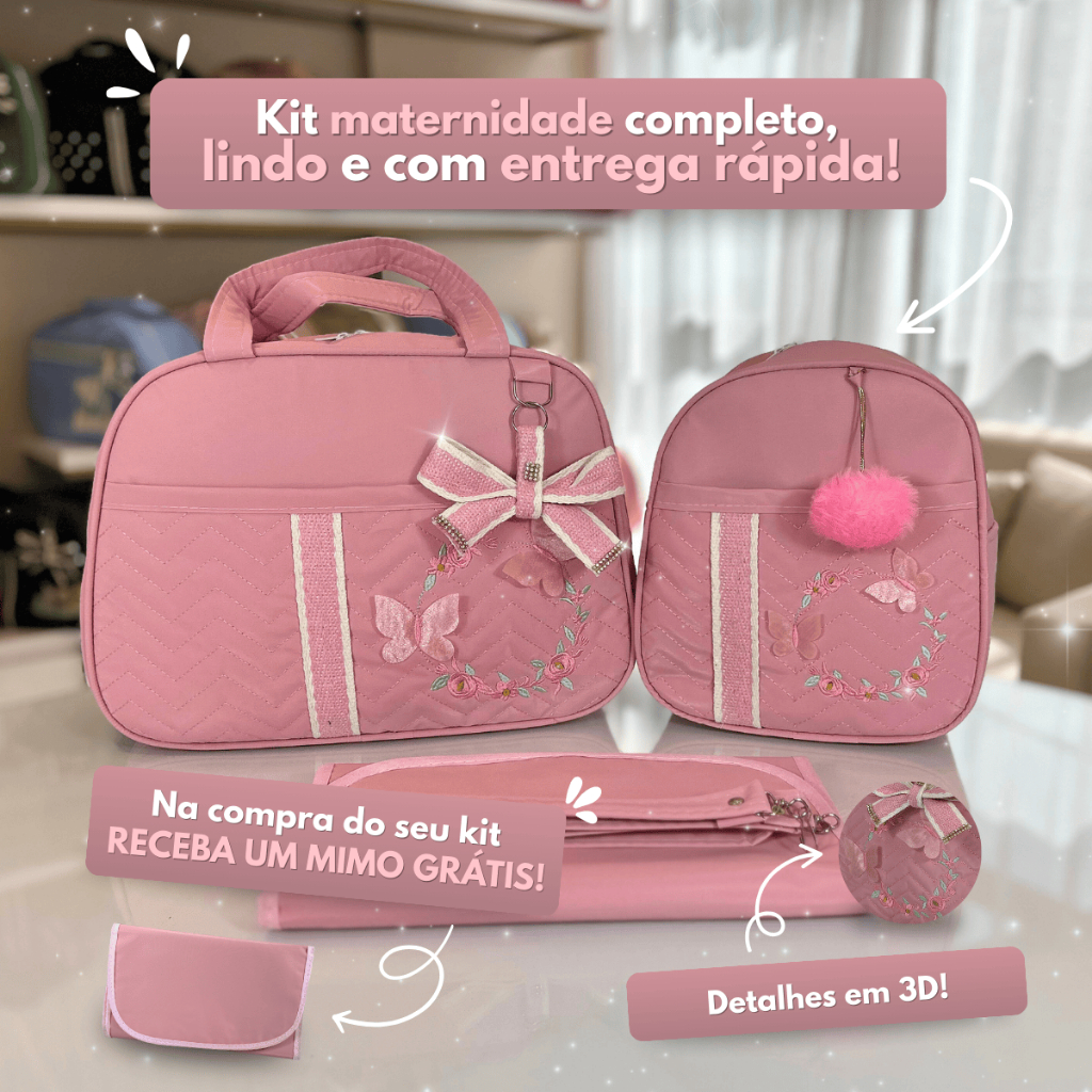 Kit Bolsa Maternidade com Borboletas para Menina/Bebê Recém nascido