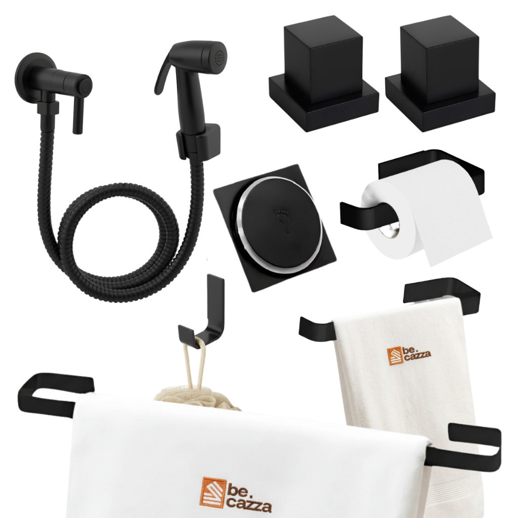 Kit Acessórios de Banheiro Preto + Ducha Pop + Acabamento Metal Deca 1/2 3/4 + R