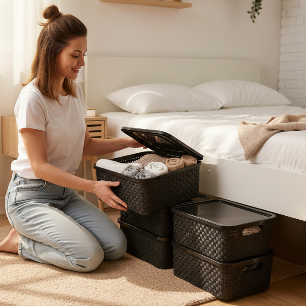 Kit Com 3 Cesto Caixa Organizadora Rattan Com Tampa 4 Litros Preto.