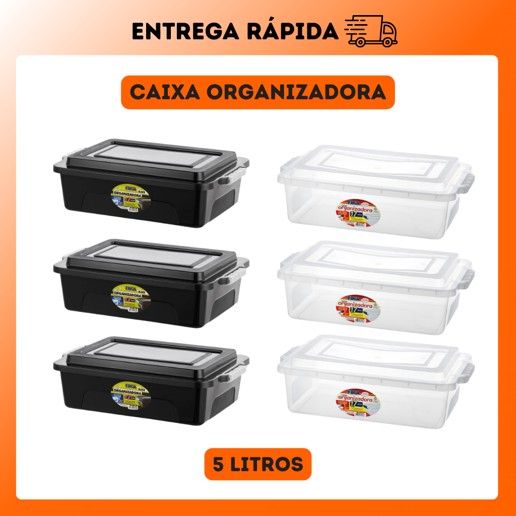 Caixa Organizadora Plastico 5 litros Container Com Trava Organizador Casa Armário Preto Transparente