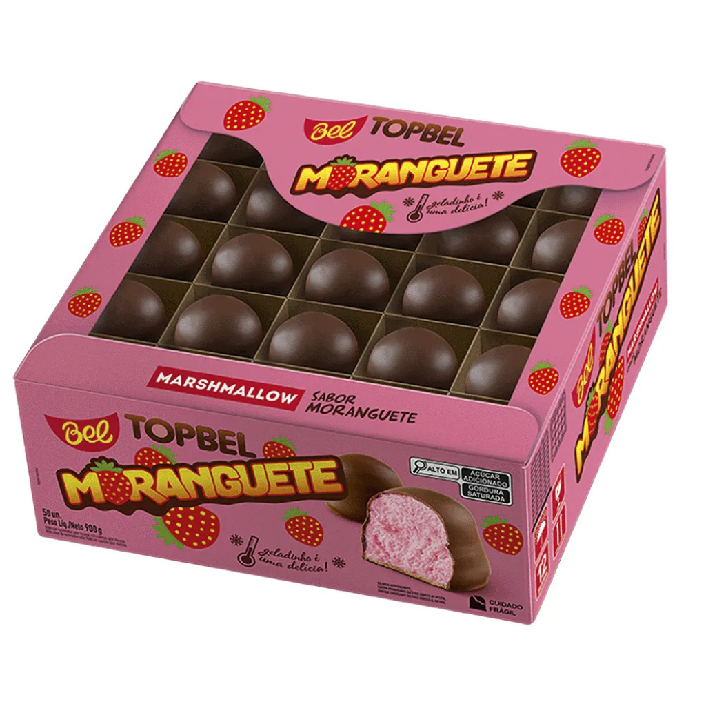 Moranguete TopBel 50 unidades – Bombom de Marshmallow Sabor Morango Coberto com Chocolate em Oferta na Shopee