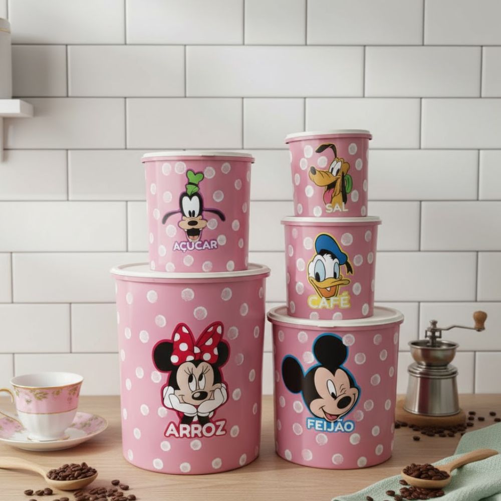 Kit de Potes 5 Peças Personagens Mickey e Minnie Plástico Mantimentos Cozinha Organização Cozinha em Oferta na Shopee