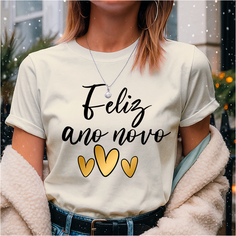 Camiseta para o Réveillon de Estampa de Feliz Ano Novo V4 para comemoração da virada do Ano