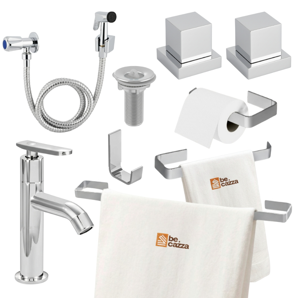 Kit Acessórios Banheiro / Lavabo Quadrado + 2 Acabamento Registro + Torneira + Valvula 7/8 + Ducha