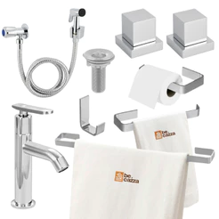 Kit Acessórios Banheiro / Lavabo Quadrado + 2 Acabamento Registro + Torneira + Valvula 7/8 + Ducha