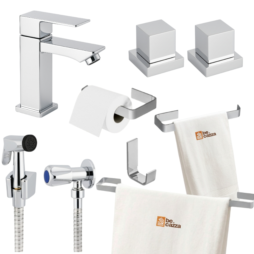 Kit Banheiro Cromado Completo + Torneira Baixa Inox + Acabamento Deca 1/2 3/4 e Ducha Slim Metal
