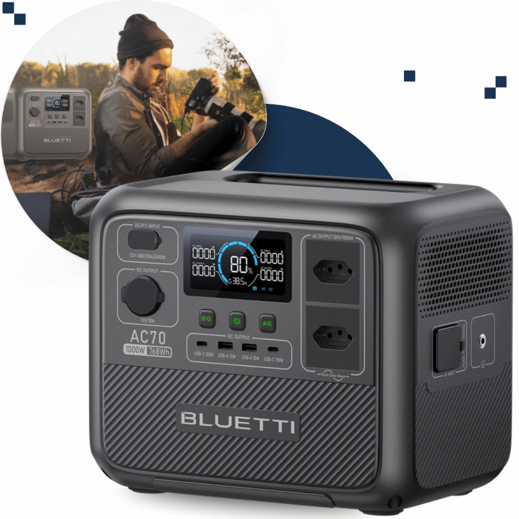 Estação de Energia Solar Portátil Bluetti AC70 Gerador 1000 W / 768 Wh 110V ou 220V em Oferta na Shopee