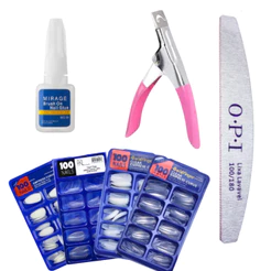 Kit Unha Postiça Realista ALMOND/BAILARINA - Leitosa ou Transparente + Cola com Pincel + Contador de Tips + Lixa