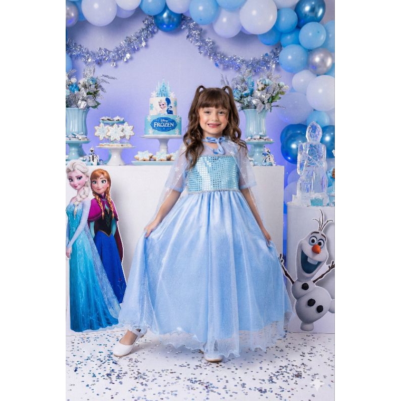 Fantasia Infantil Princesa Elsa Frozen Azul Longa Luxo Belli Tule Glitter Com Capa