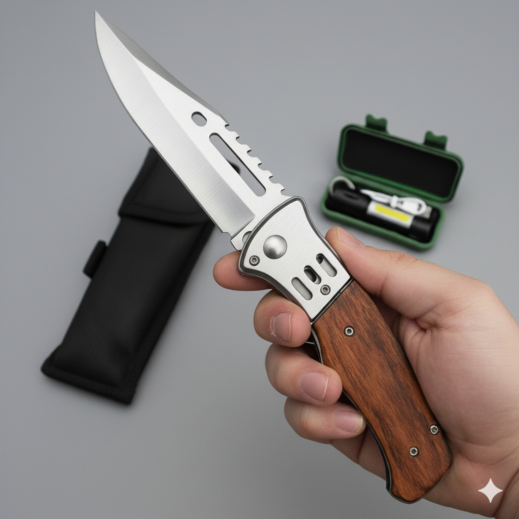 Kit Canivete de Madeira Aço Inox Dobrável Automático + Mini Lanterna +Bainha Tático de Bolso Camping em Oferta na Shopee