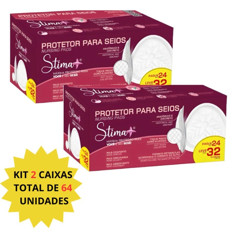 Kit 2 Cx Absorvente Protetor de Seio STIMA+  C/64 UN  (Cada CX C/32 Un) Macio e Suave com Fita adesiva