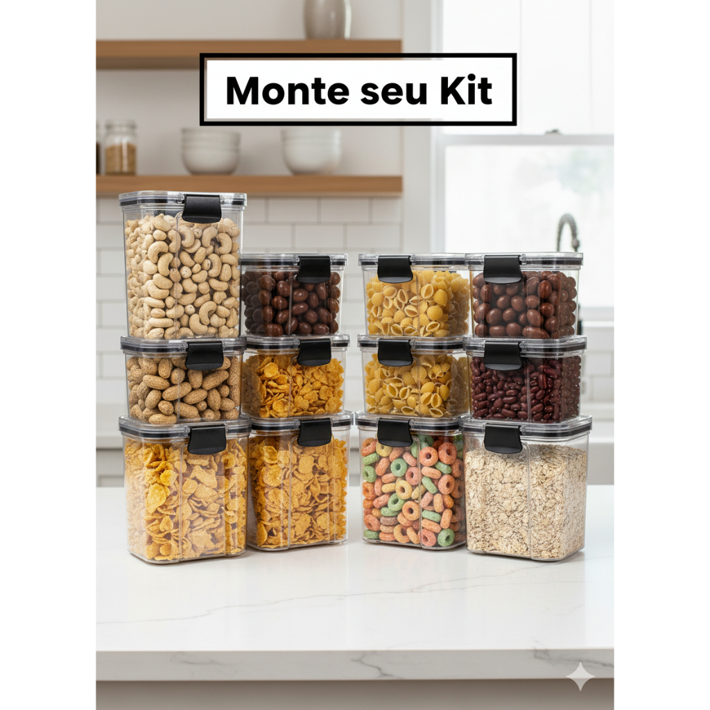 Escolha Seu Kit Potes Herméticos para Mantimentos de Cozinha Alimentos Armário Acrílico Plástico