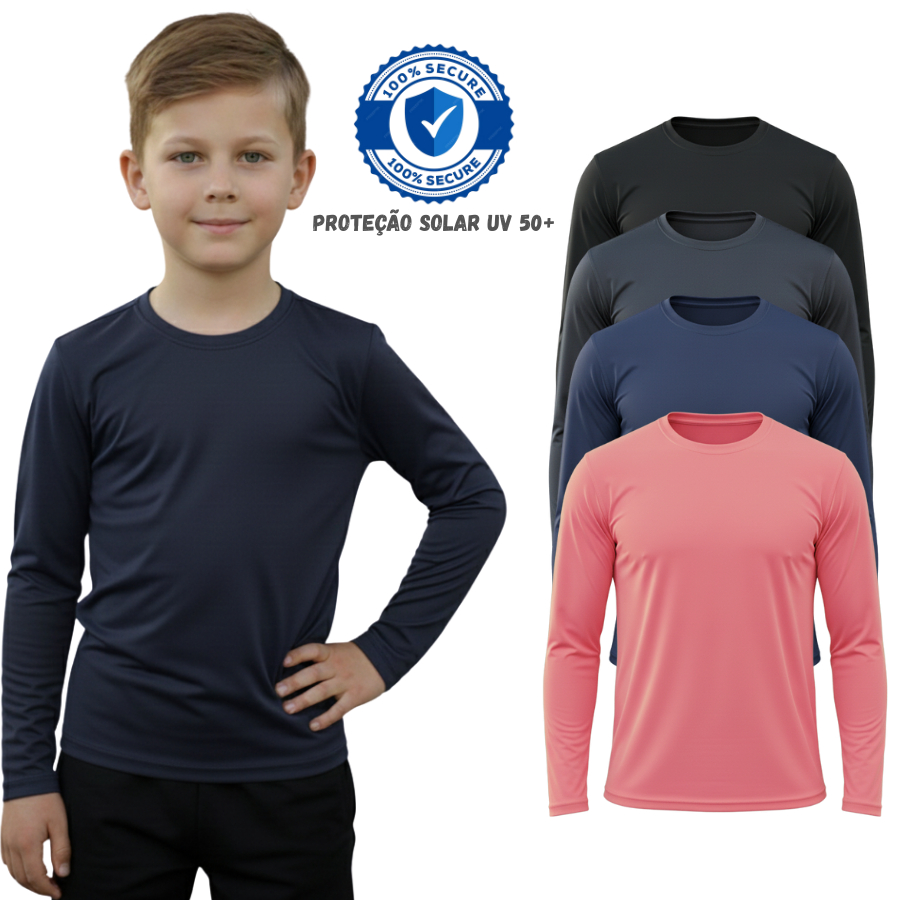 Camiseta Segunda Pele Infantil com Proteção Uv - Manga Longa |1 ao 16 | Menino Praia Natação Piscina