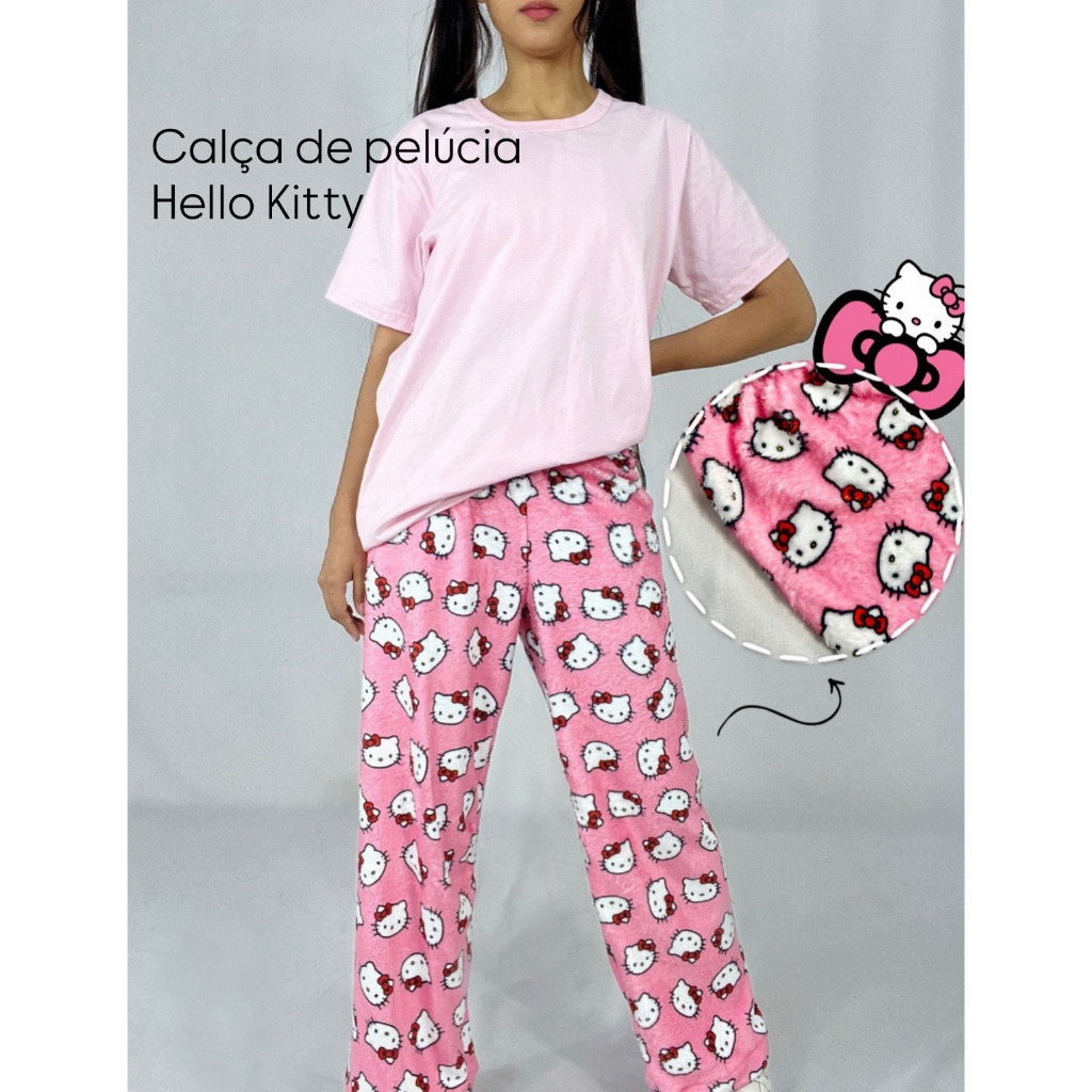HELLO KITTY Calça Peluciada Sanrio Feminina | Pijama Confortável com Estampa Kawaii