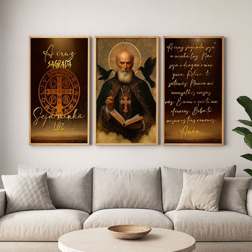 Kit 3 Quadros Decorativos Religiosos Católicos Oração De São Bento em MDF - Oração , Proteção, Fé