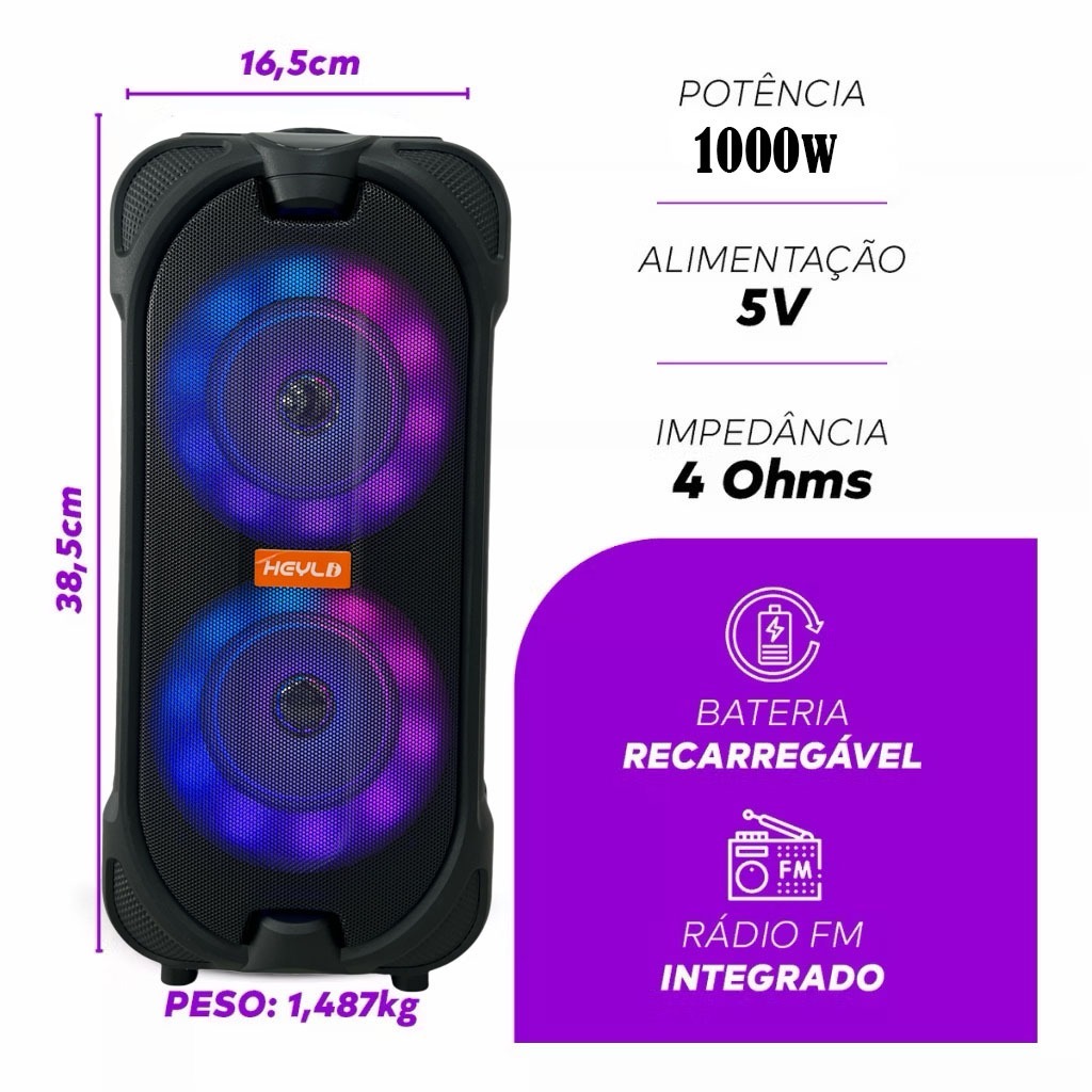 Caixa de Som Bluetooth Portátil Potente LED RGB TWS FM C/microfone 1000W para Festa Viagem Praia