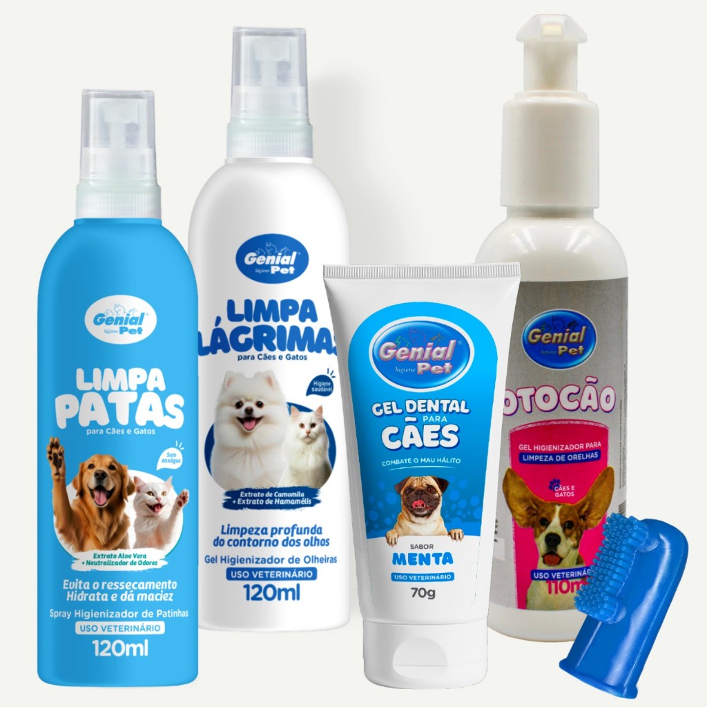 Kit Higiene Limpa Patas Ouvidos Orelhas Lágrimas + Gel Dental Menta + Dedeira Cães e Gatos Pet