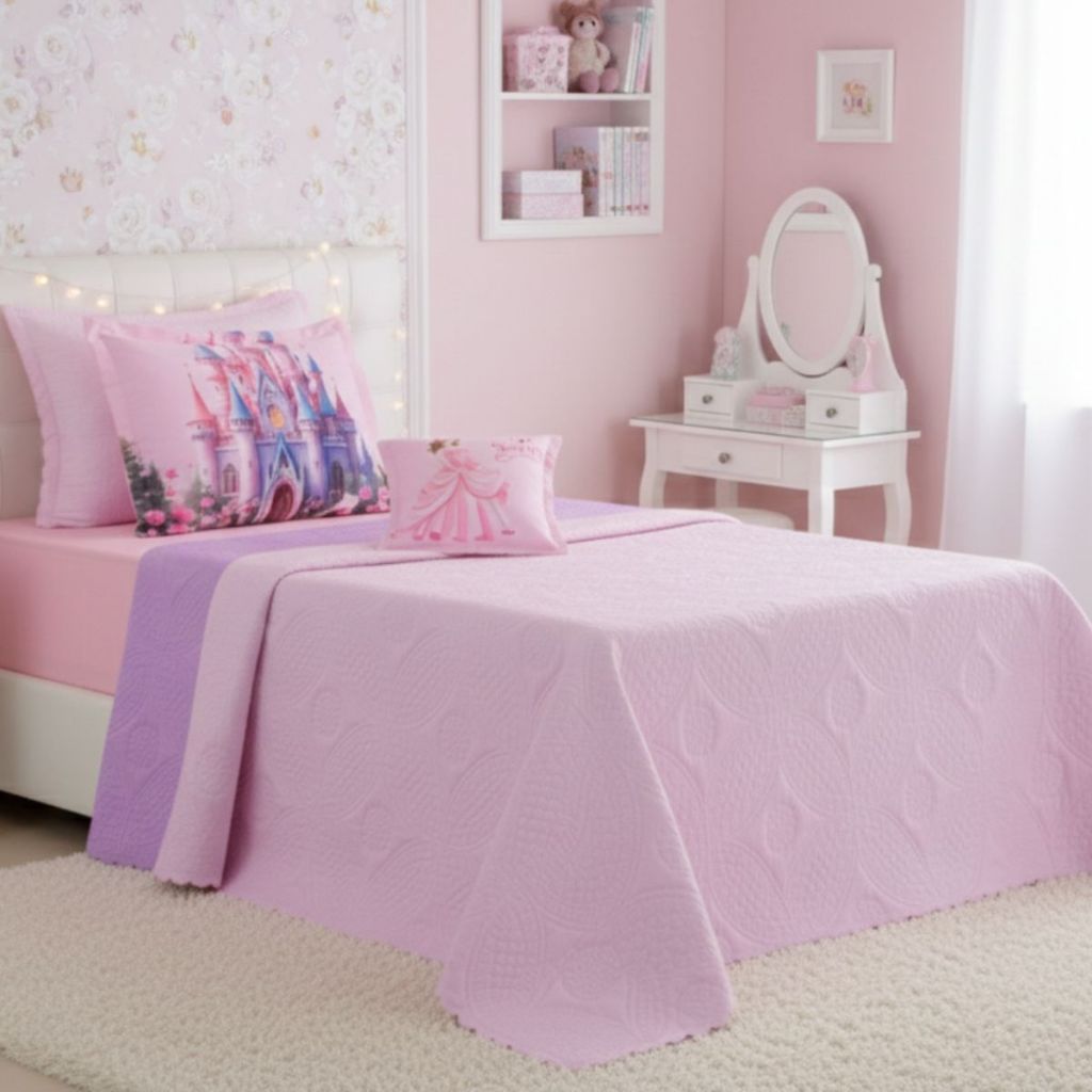 Kit Cobre Leito Solteiro Reino Encantado 4 Peças Rosa Lilás Dupla Face Luxo em Oferta na Shopee