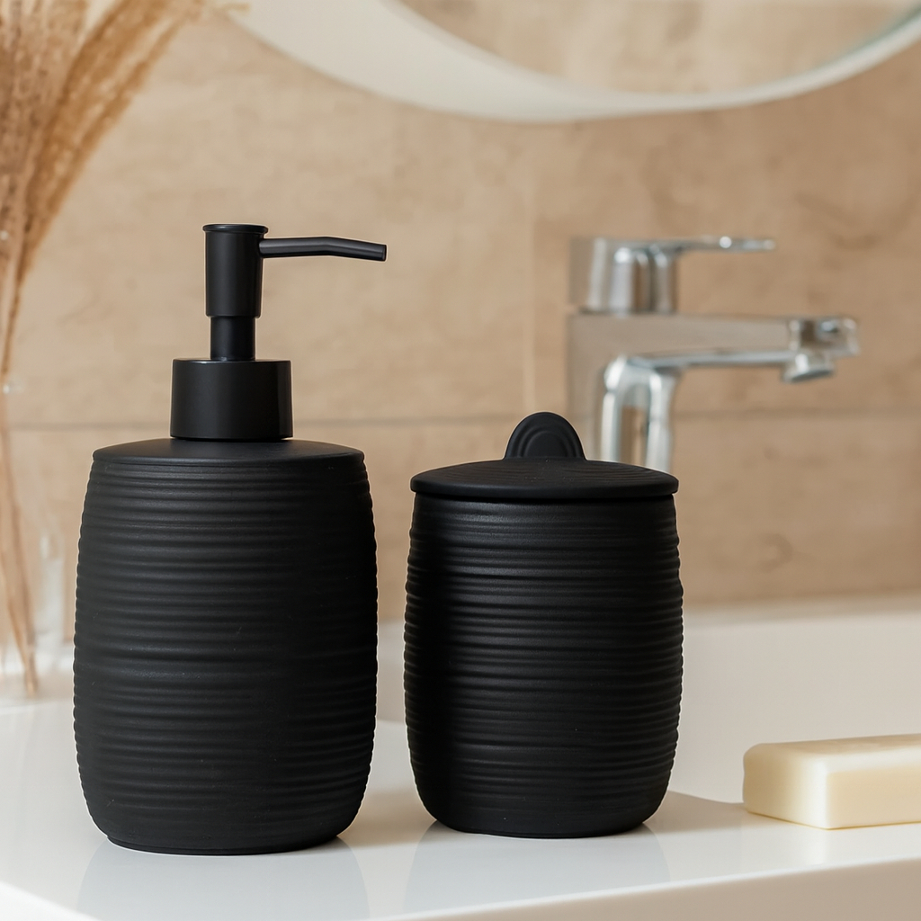 Kit Banheiro Lavabo 2 Peças Duna Preto Dispenser Porta Sabonete Em Cerâmica em Oferta na Shopee
