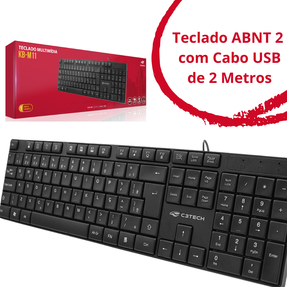 Teclado Multimídia Office ABNT 2 cabo Comprido com Fio USB de 2 Metros - KB-M11BK - C3Tech