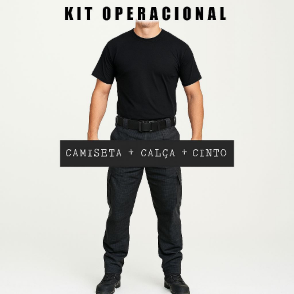 Calça Tática Vigilante Padrão Militar RipStop Anti Rasgão 6 Bolsos-Camiseta Preta 100% Algodão-Cinto Operacional