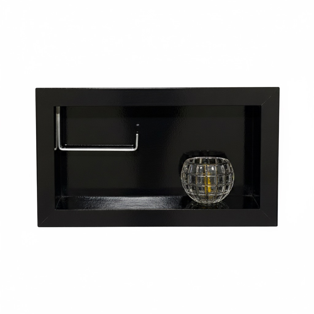 Porta papel higiênico duplo Horizontal em Porcelanato polido com borda de alumínio 32x16x(11) Preto