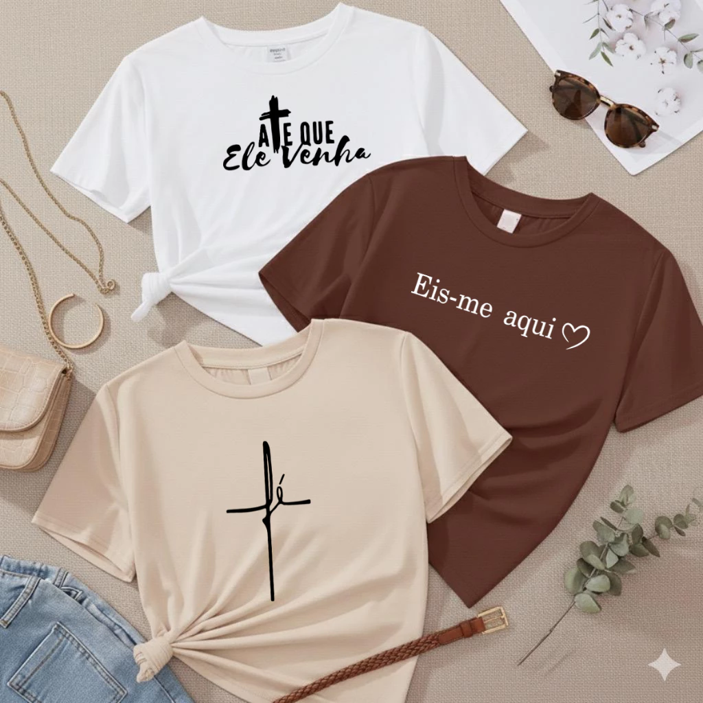 Kit 3 T-Shirt Feminina Estampada Camiseta Cristã Fé 100% Algodão Envio Imediato — imagem 1