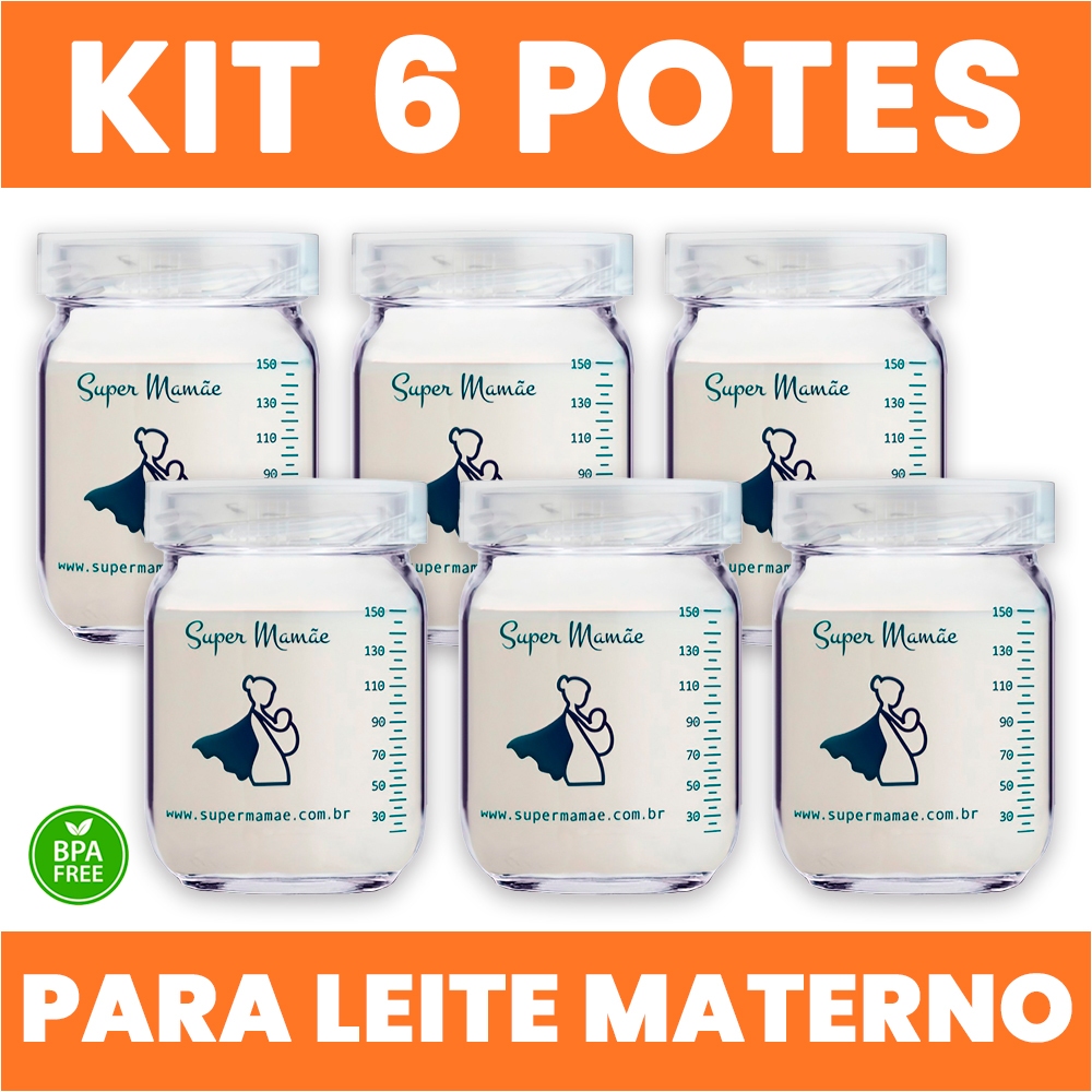 Potes de Vidro 150ml para Leite Materno – Kit com 6 Unidades Tampa Plástica e Graduação Super Mamãe