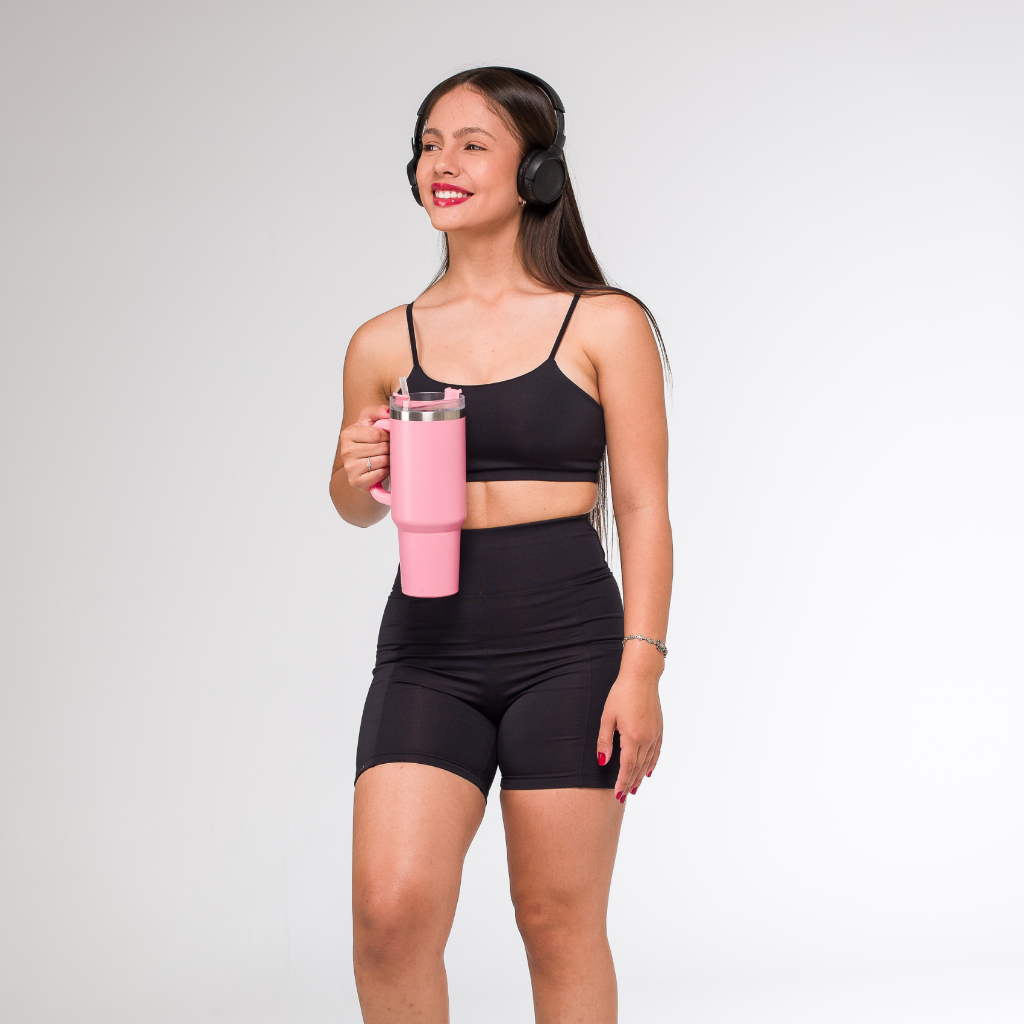 Conjunto Feminino Academia Top Cropped Forro Duplo Fitness Shorts Bolso Academia Zero Transparência Poliamida Corrida