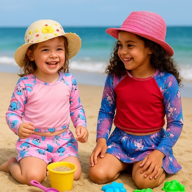 Conjunto Biquíni Infantil Menina Trajes Banho Feminino Maiô Praia e Conjunto Manga Longa Proteção UV
