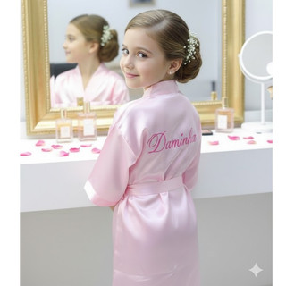 Robe Infantil Daminha Filha da Noiva Cetim Manga Curta Roupão Bordado Personalizado Menina Florista Leia a Descrição