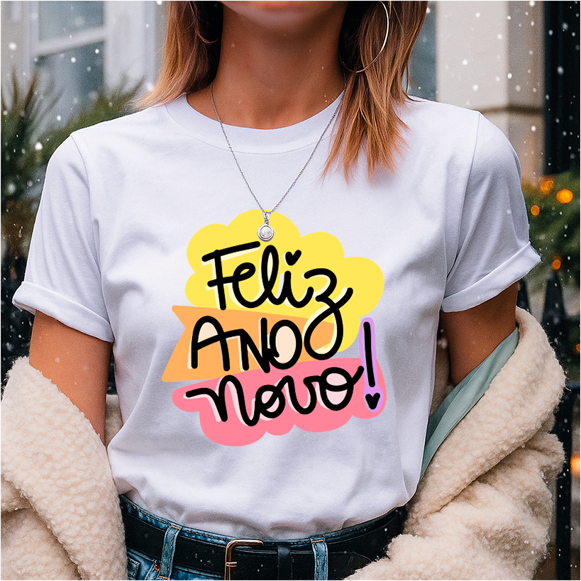 Camiseta para o Réveillon Unissex de Estampa Feliz Ano Novo Colorido V8 Comemoração da Virada do Ano