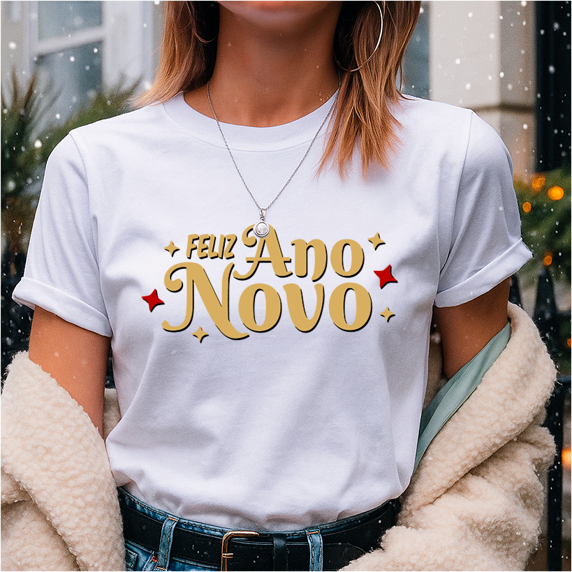 Camiseta para o Réveillon Unissex Estampa Feliz Ano Novo Estrela V11 Comemoração da Virada do Ano