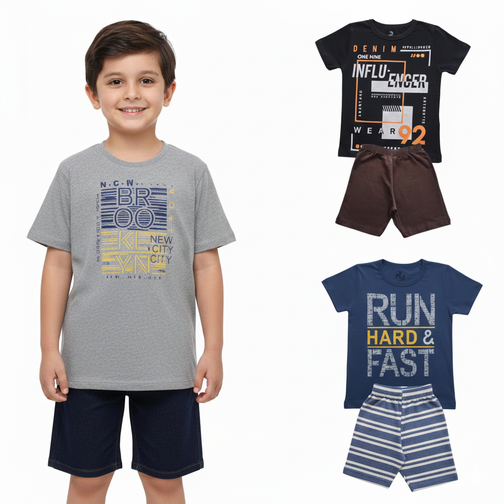 Kit 2 Conjuntos 4 Peças Infantil Masculino Camiseta e Bermuda Algodão Moda Casual Dia a Dia Verão