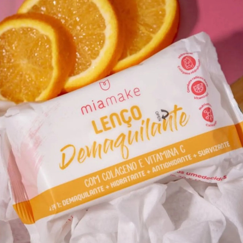 Lenço Demaquilante MiaMake com Colágeno e Vitamina C Hidrata Suaviza Revigora a Pele (25 unidades)