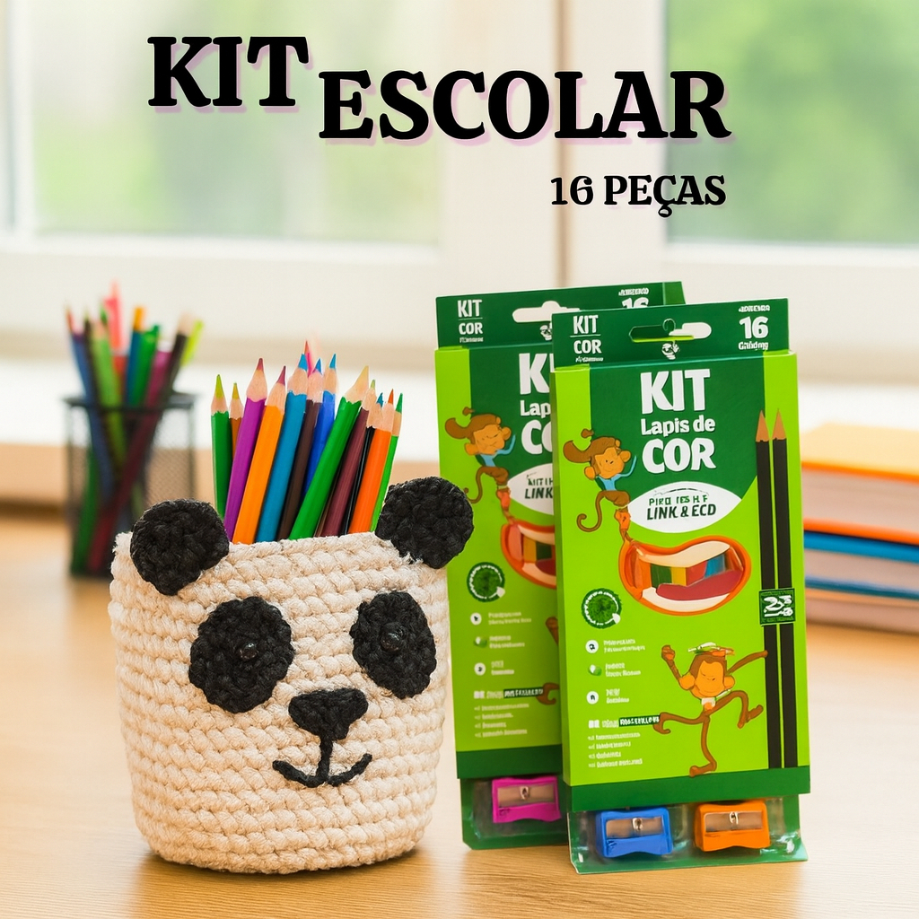 Kit Lápis de Cor Com 16 Peças Apontador - 2 Lápis Preto HB - 1 Borracha - 12 Lápis de Cor