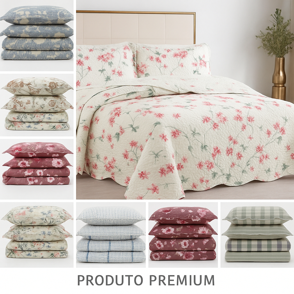 Cobre leito Casal kit 3 peças Colcha Dupla Face Solteiro, Queen King Estampas Florais e Geométricas