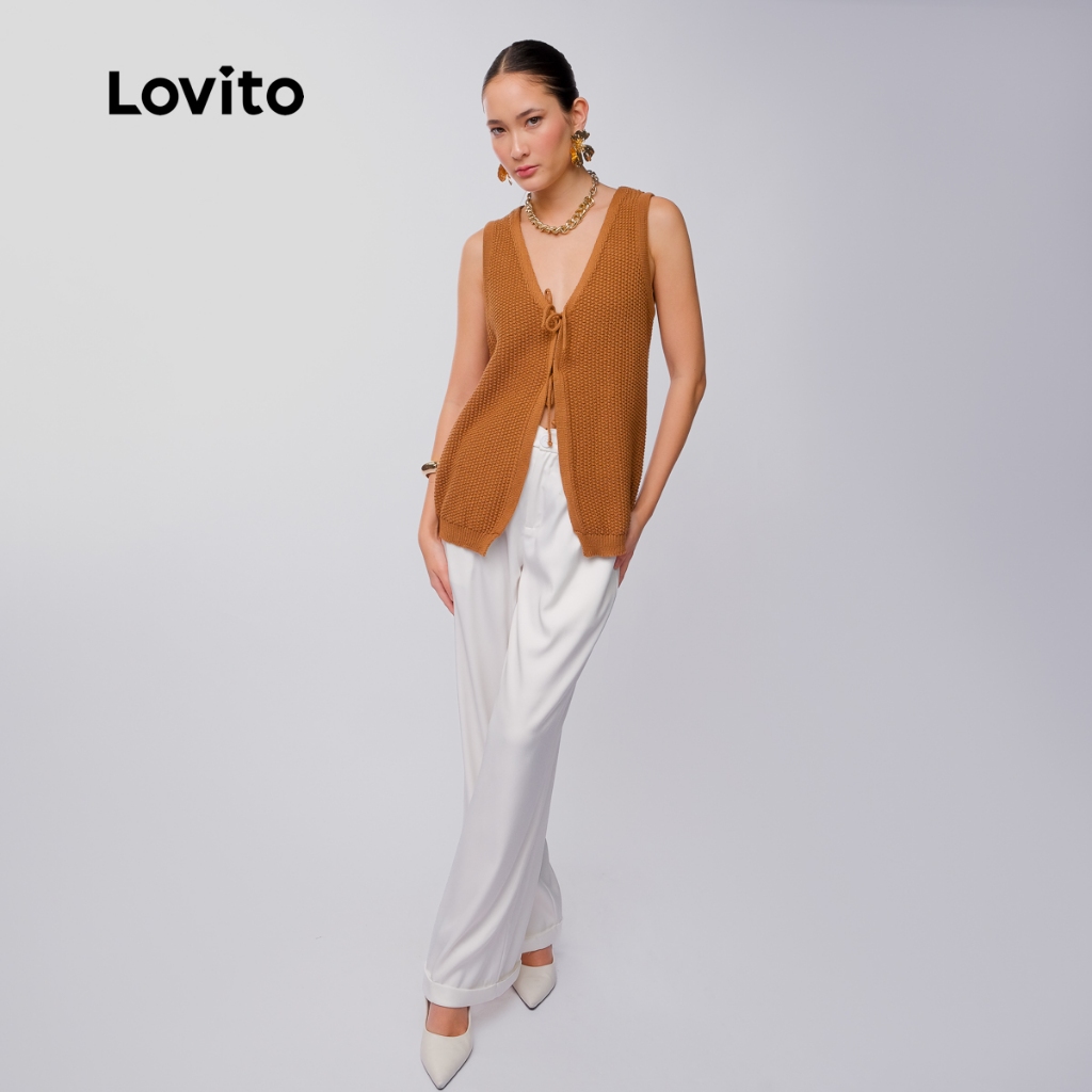 Detalhes do Lovito Colete Marrom Moda Feminino de Tricô com Fechamento Frontal LB624BRL654