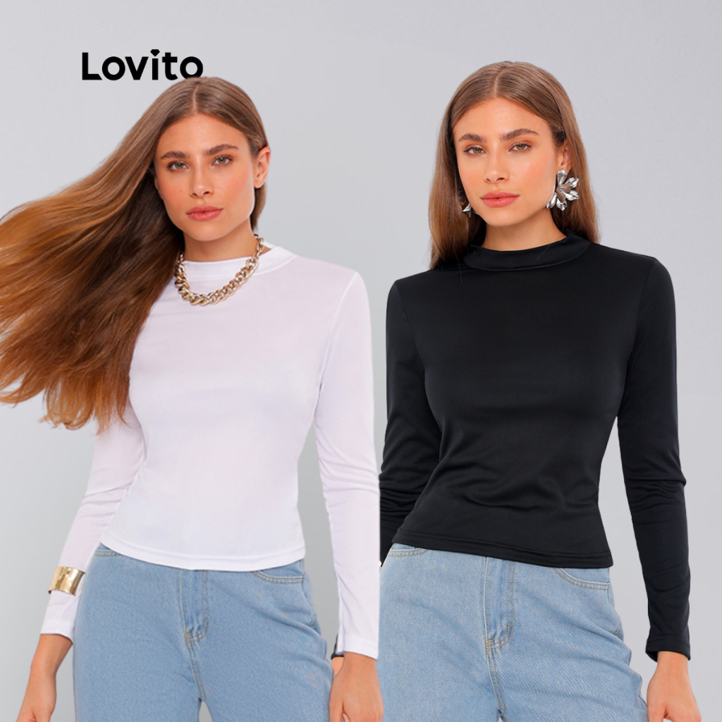 Lovito Kit 2 Tops Manga Longa Básica Lisa Moda Feminina LB709BRL740 em Oferta na Shopee
