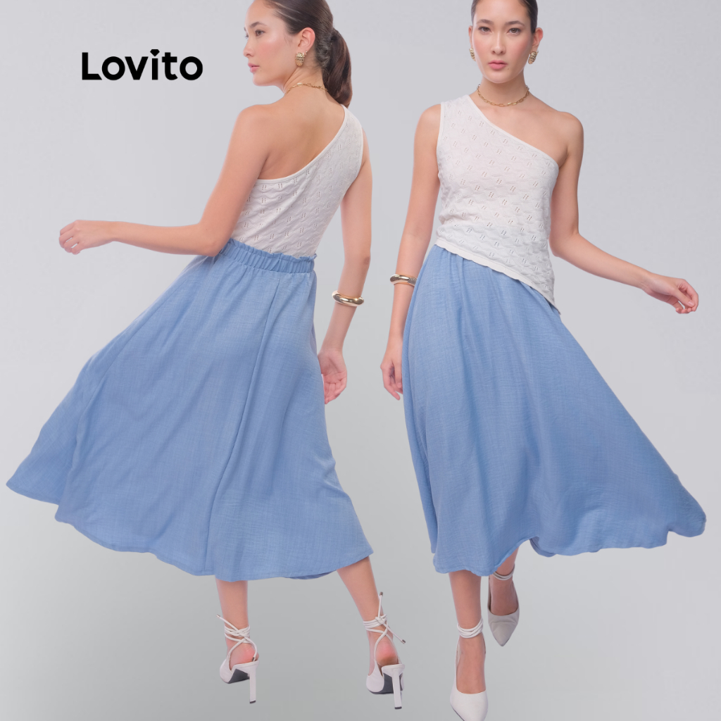 Lovito Saia Midi Elegante Rodada Azul Cintura Alta Feminina Casual Lisa LB1051BRL1081 em Oferta na Shopee
