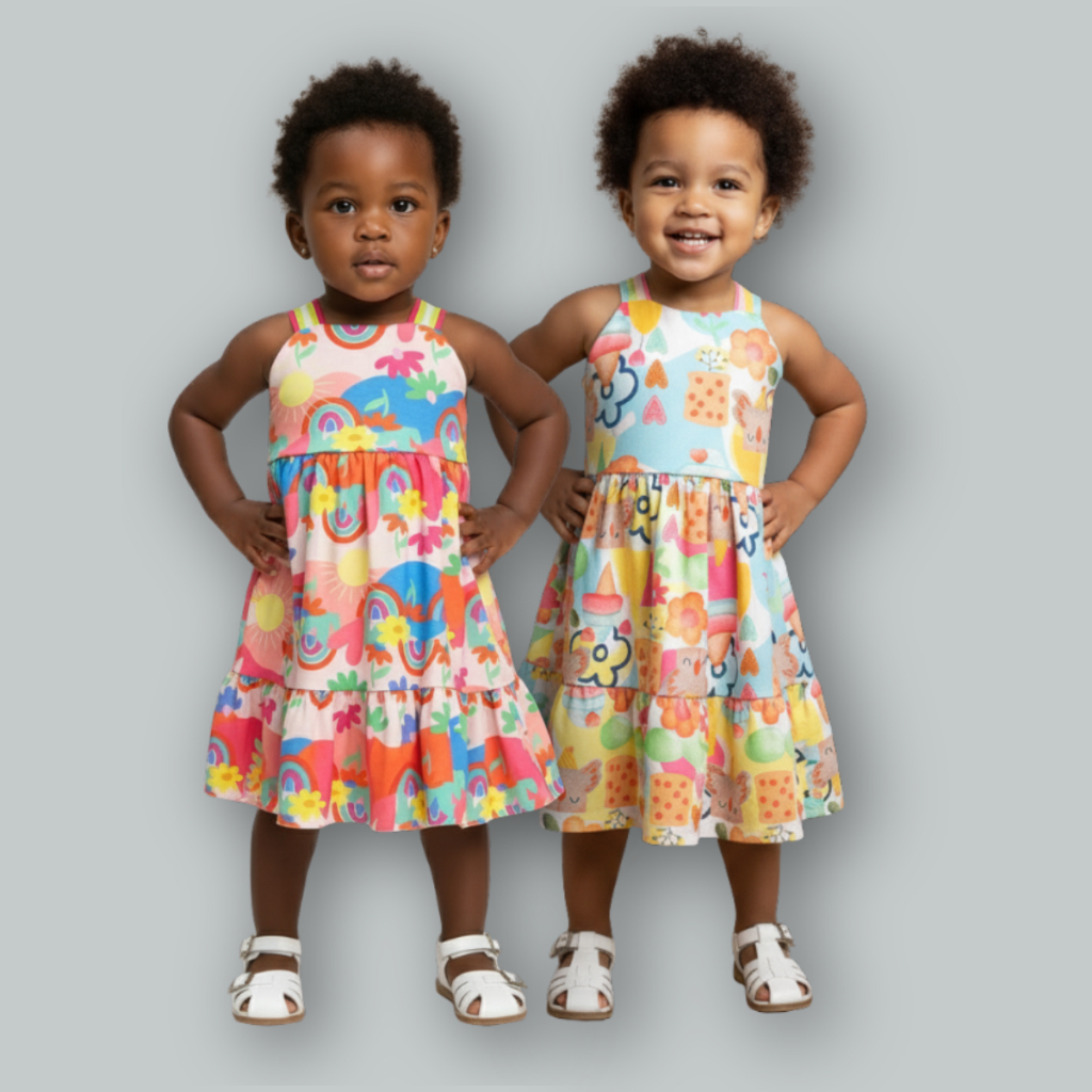 Dupla de Vestidinhos  Infantis Menina Bebê Malha Rodado Alcinha Estampado Feminino Colorido 2 peças