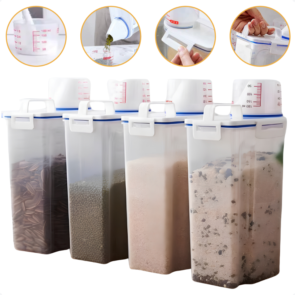 Pote Hermético Com Bico Dispenser Copo Medidor 2L Armazenamento Arroz Cereal Feijão Ração Pet Transparente Multiuso