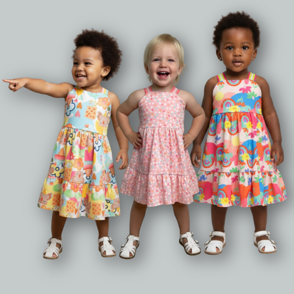 Combo 3 peças Vestidinhos Infantis Menina Feminino Malha Estampado Rodado Alcinha Colorido Moda